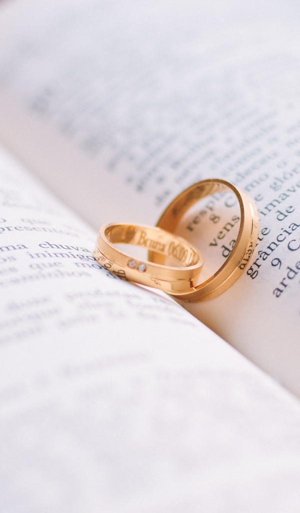 Два золотых обручальных кольца лежат на книге 