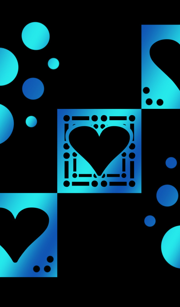 Голубые квадраты с сердечками на черном фоне