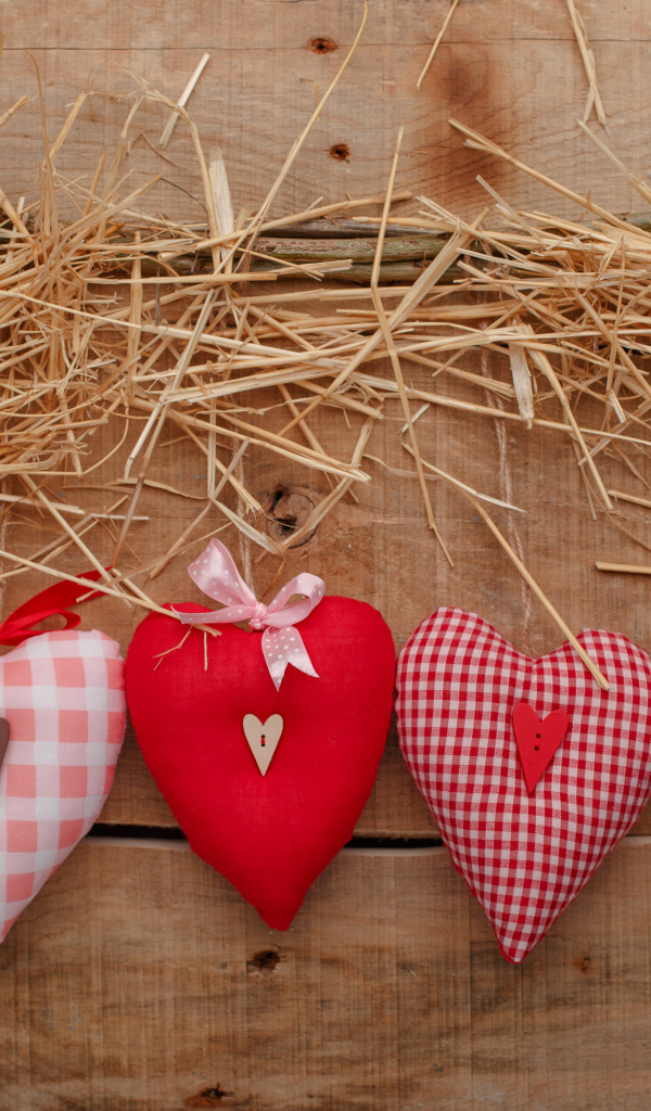 Тканевые сердечки на столе с сеном и веткой