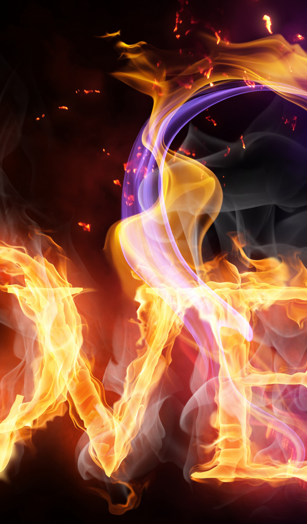 Огненное сердце и надпись любовь на черном фоне