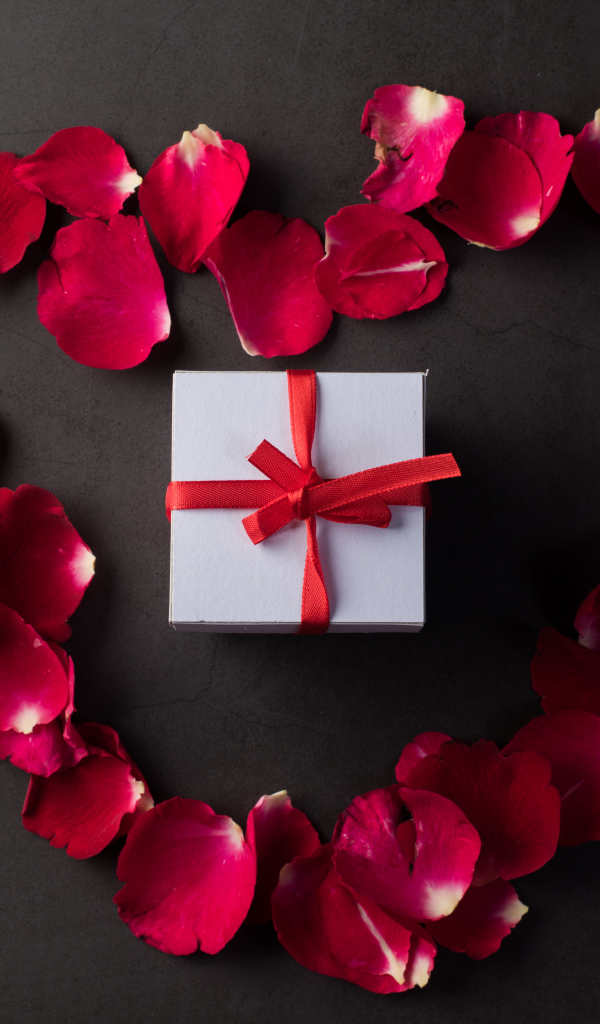 Сердце из красных лепестков розы с подарком на сером фоне
