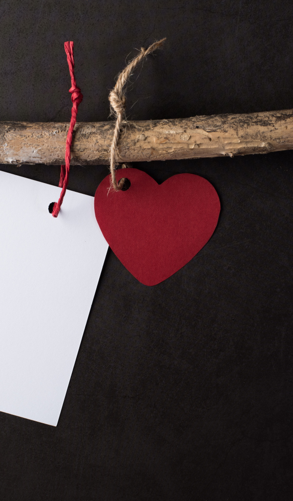 Красное сердечко и белый лист бумаги на ветке 