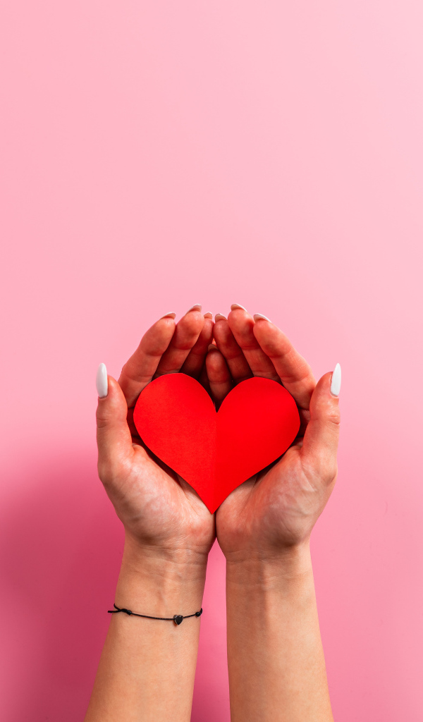 Red paper heart in hands on a pink background