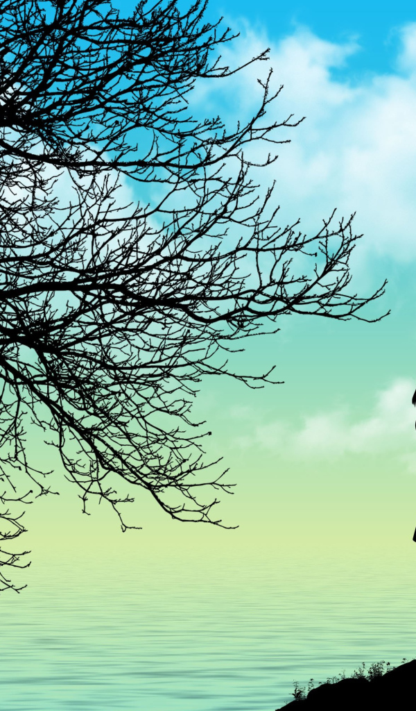 Силуэт влюбленной пары у дерева на берегу моря