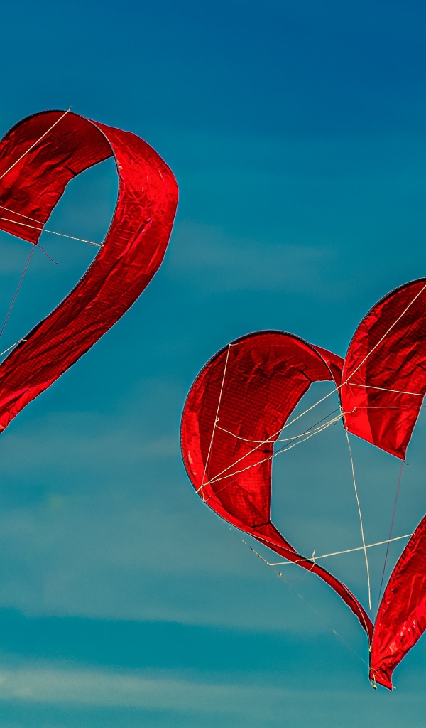 Два воздушных змея в форме сердца в небе