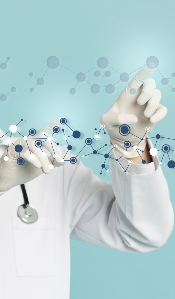 Мужчина доктор изучает молекулы на голубом фоне