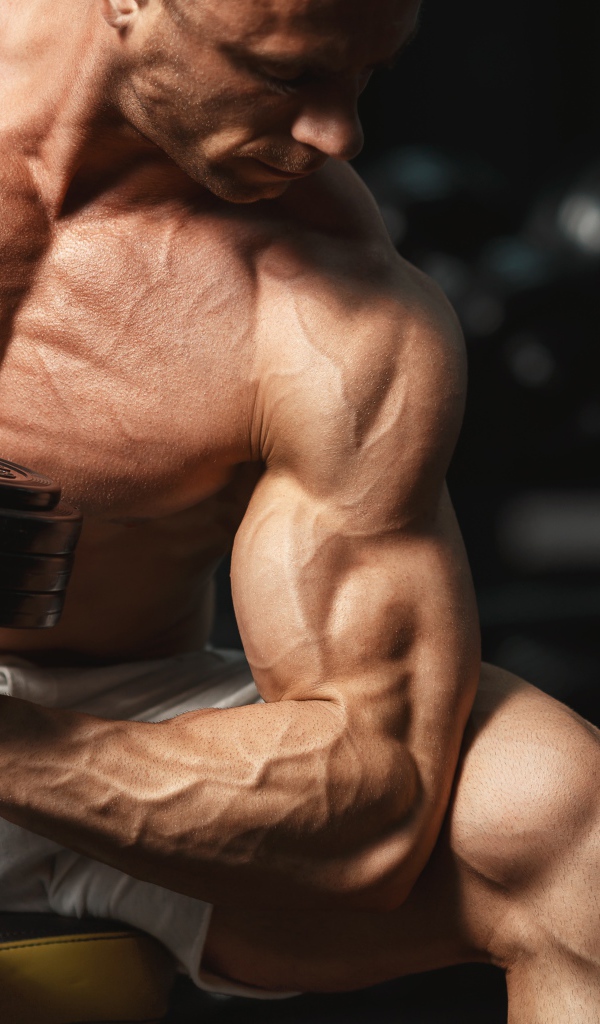 Сильный мужчина качает мускулы гантелей 