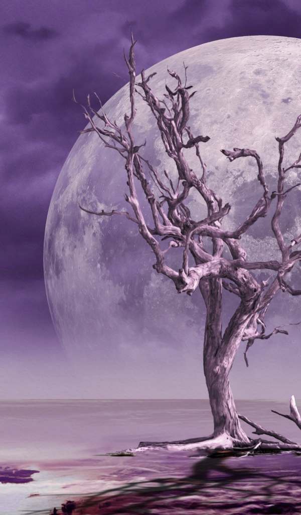 Большая луна в небе у сухого дерева