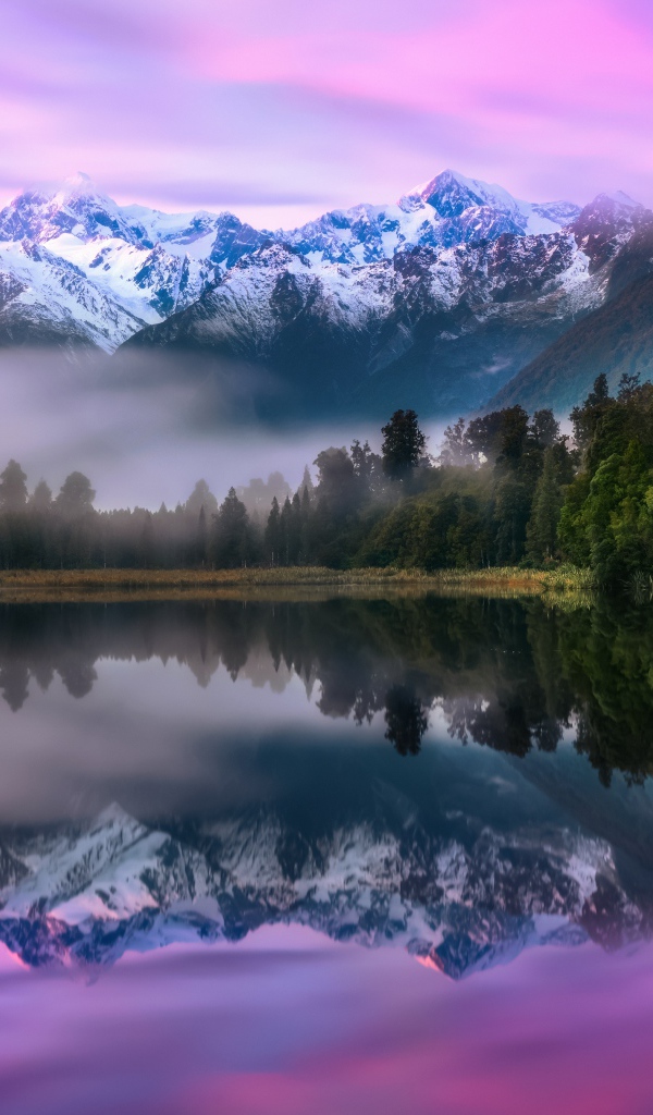 Зеленый лес у туманного озера на фоне гор