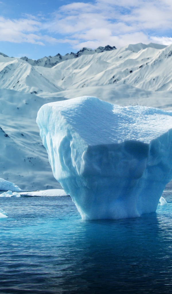 Большие глыбы льда в воде на фоне заснеженных гор 