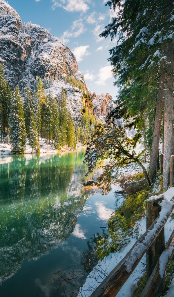 Красивый вид на холодную реку и заснеженные горы