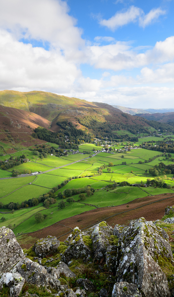 Вид на зеленые холмы под голубым небом с белыми облаками летом