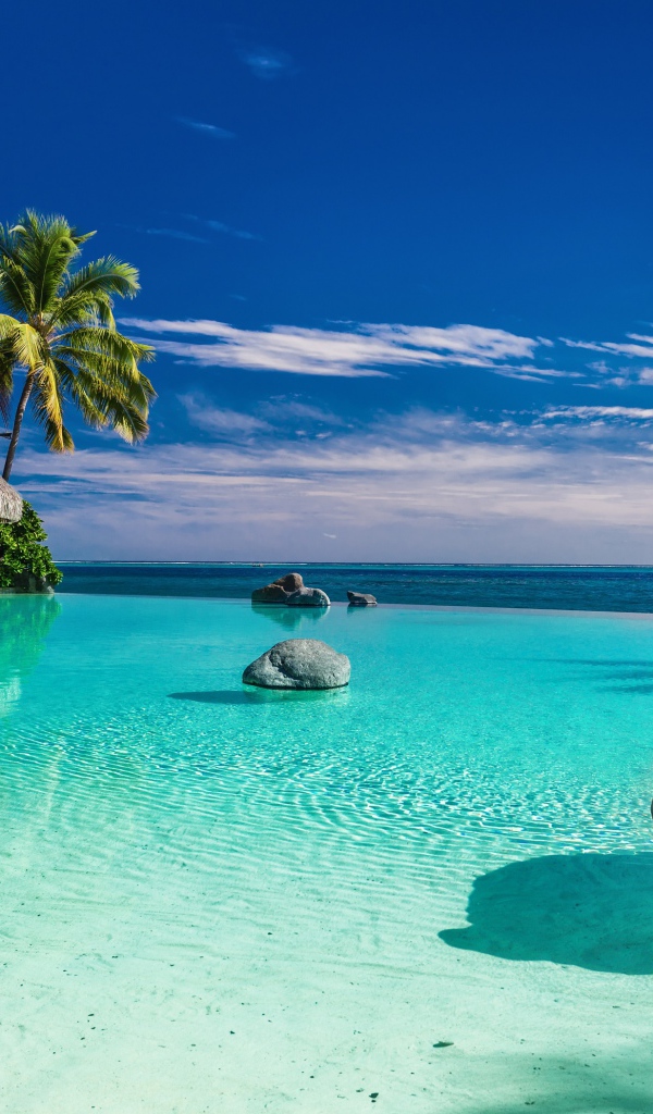 Домик в воде на тропическом пляже под голубым небом летом