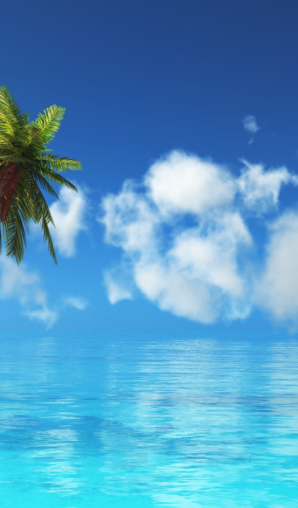 Две пальмы в голубом океане на фоне неба 