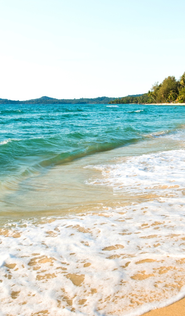 Белая пена на желтом песке тропического пляжа 