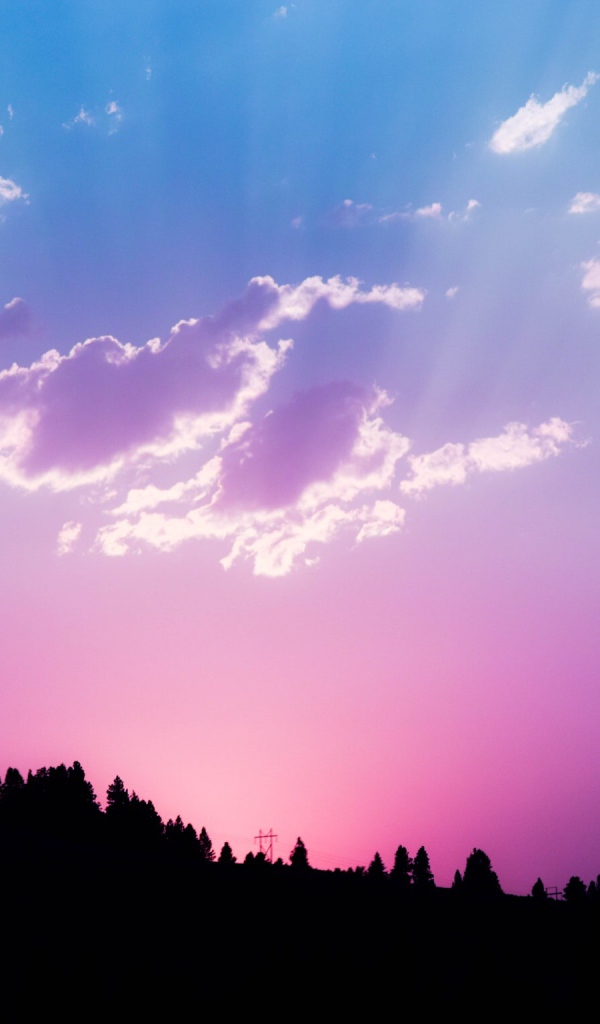 Красивое сиреневое небо с яркими лучами солнца