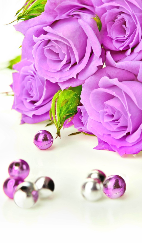 Красивые сиреневые розы на белом фоне с бусинами