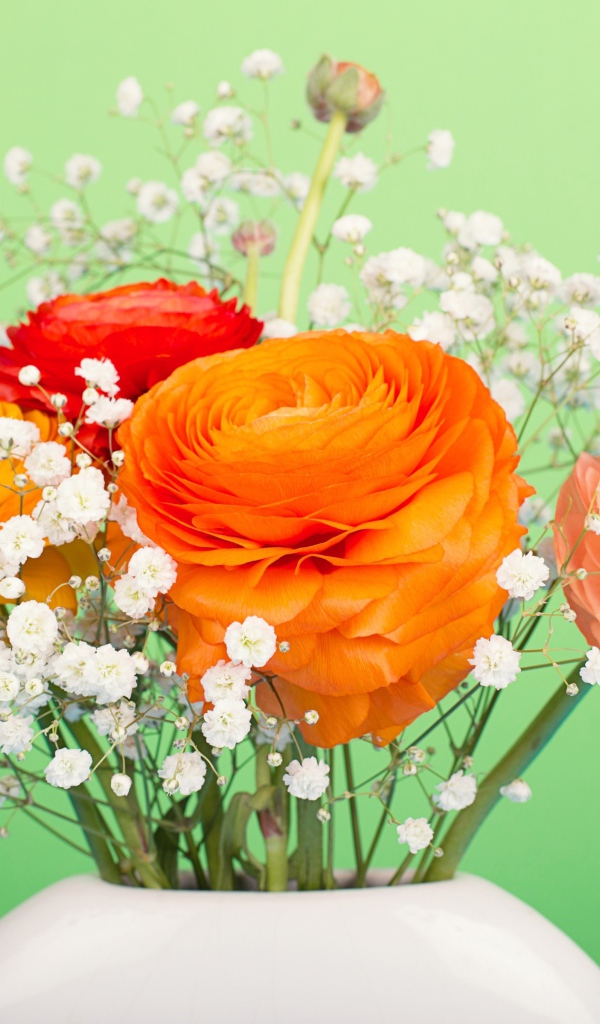 Букет разноцветных лютиков в белыми цветами в вазе на зеленом фоне