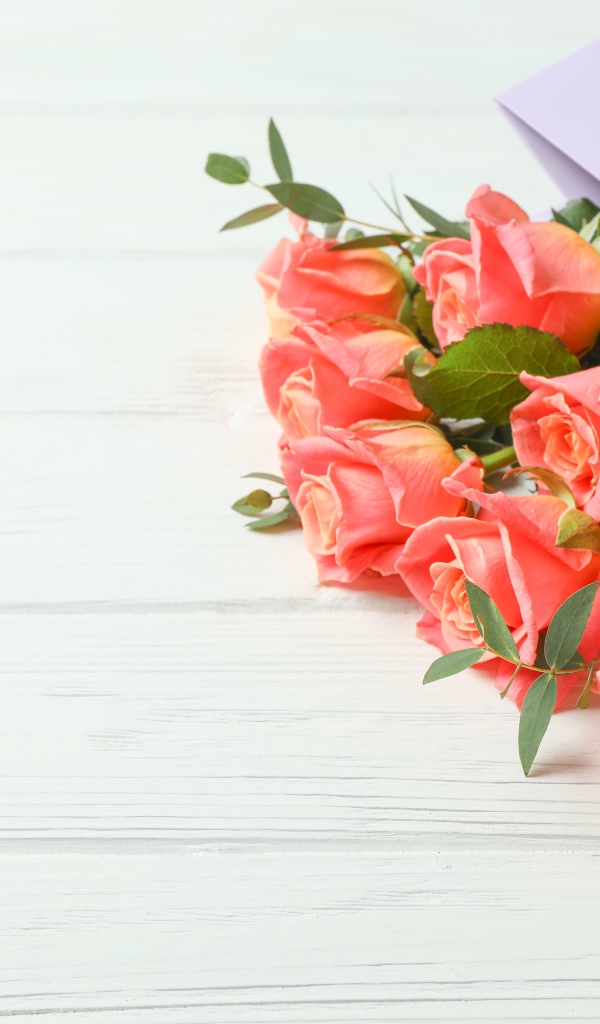 Букет розовых роз в подарочном пакете на белом фоне