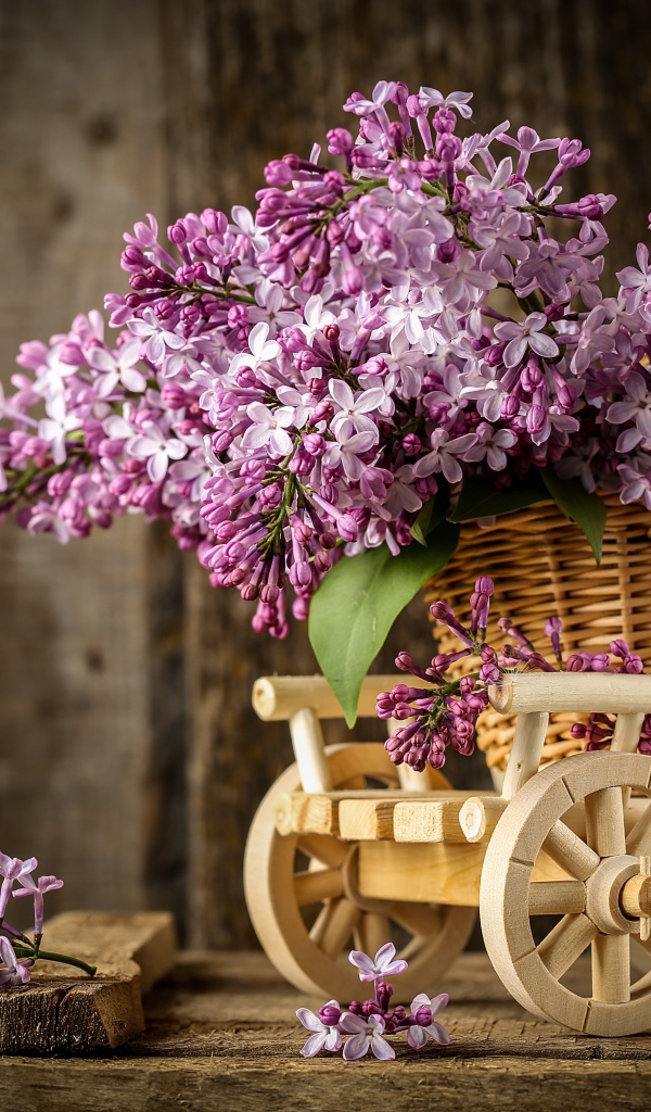 Букет весенней сирени в плетеной корзине
