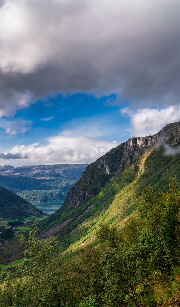 Покрытые зеленой растительностью горы под белыми облаками, Норвегия