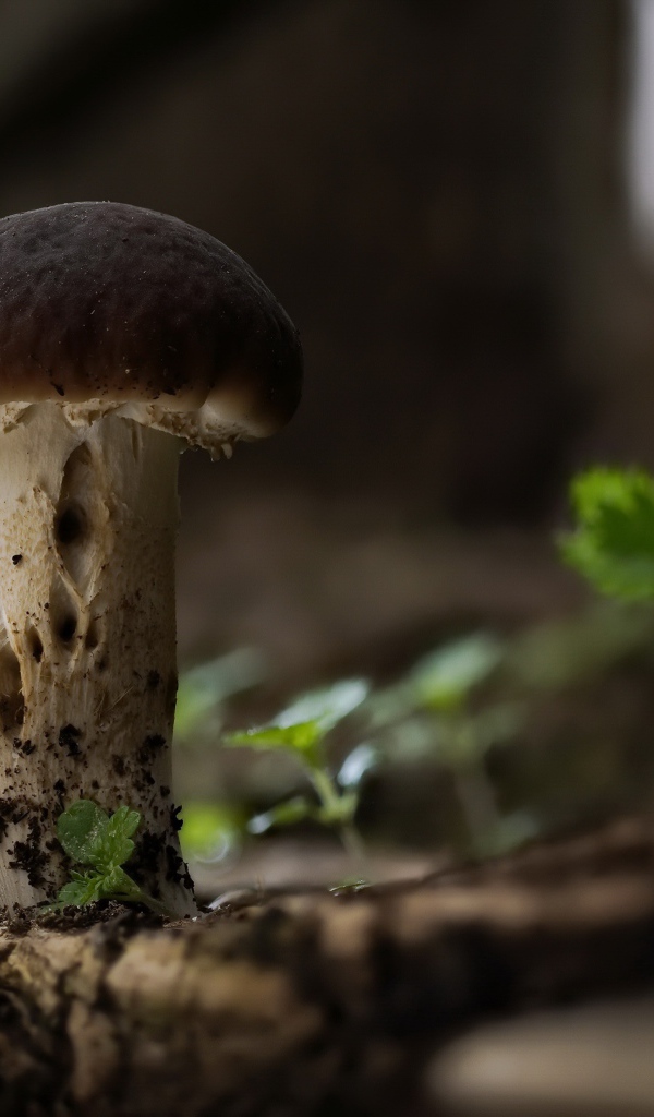 Маленький белый гриб растет на сухом дереве 