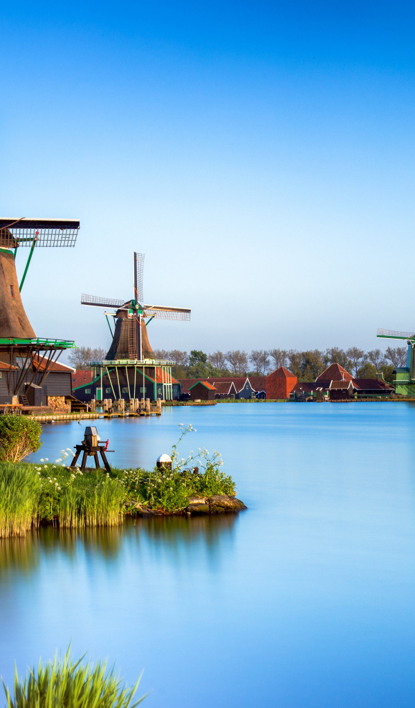 Мельницы  на берегу озера под голубым небом 