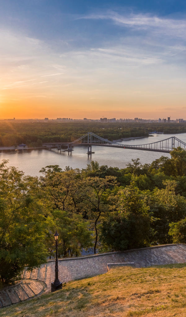 View of the sunrise over the Dnieper river in the park