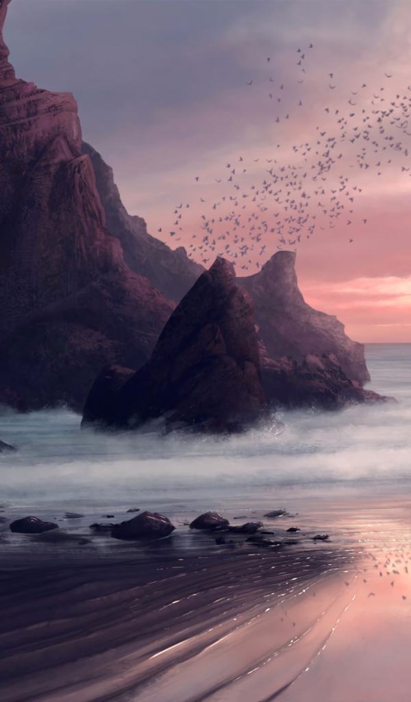 Стая птиц пролетает над скалами у моря 