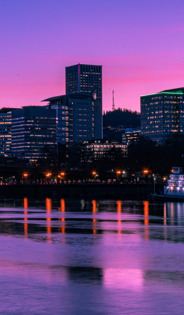 Сиреневый закат над ночным городом у реки