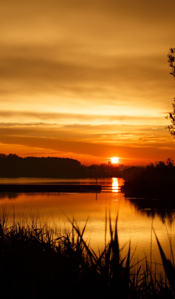 Закат яркого осеннего солнца над рекой 