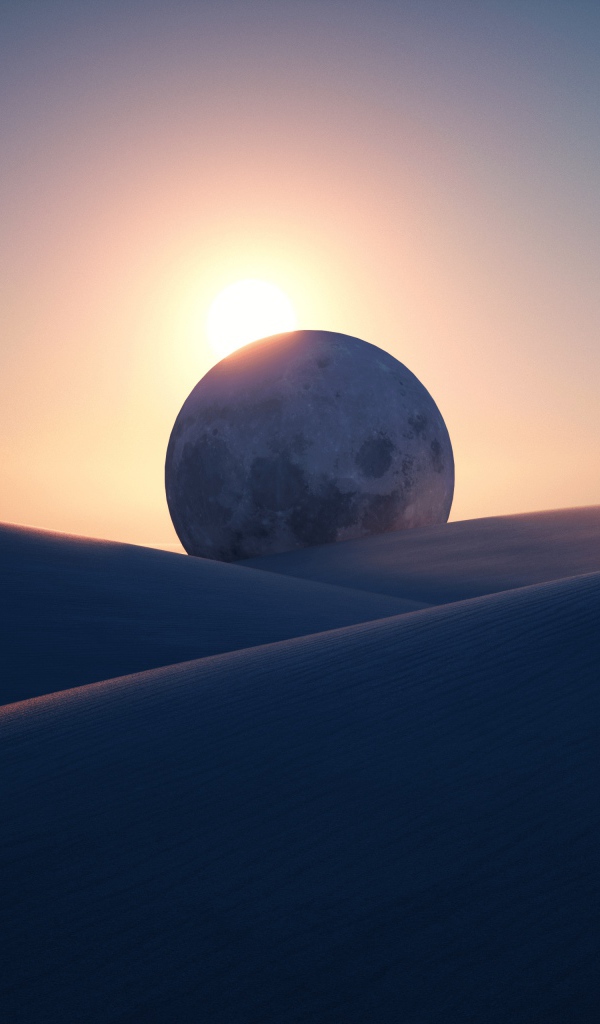 Закат солнца освещает огромную луну в пустыне 