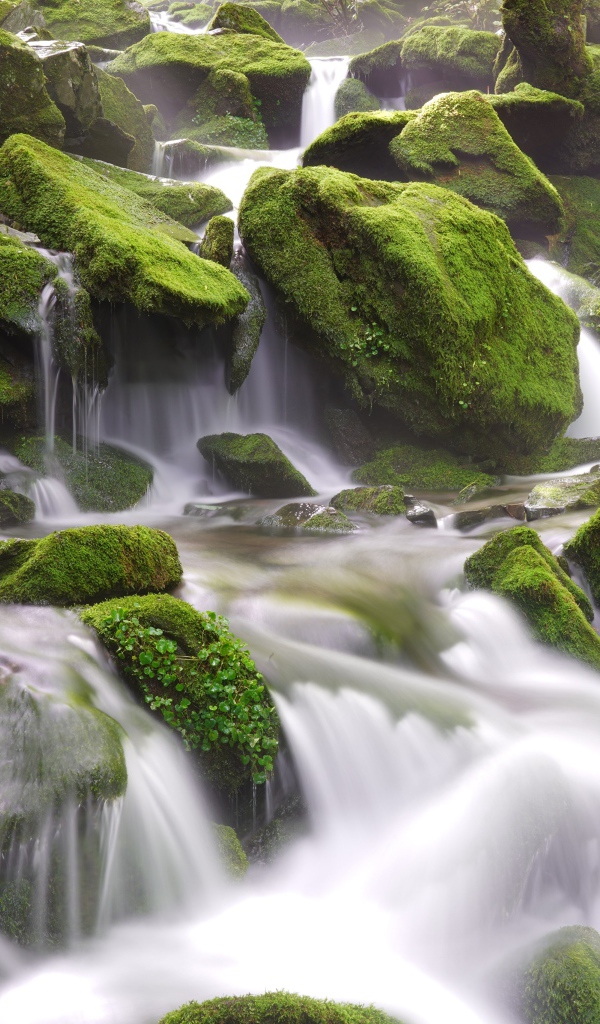 Быстрая вода водопада стекает по большим покрытым мхом камням