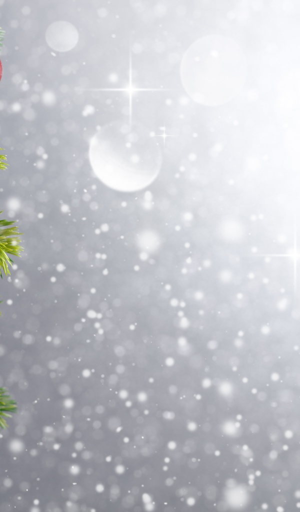 Еловая ветка с красными шариками, фон для новогодней открытки 