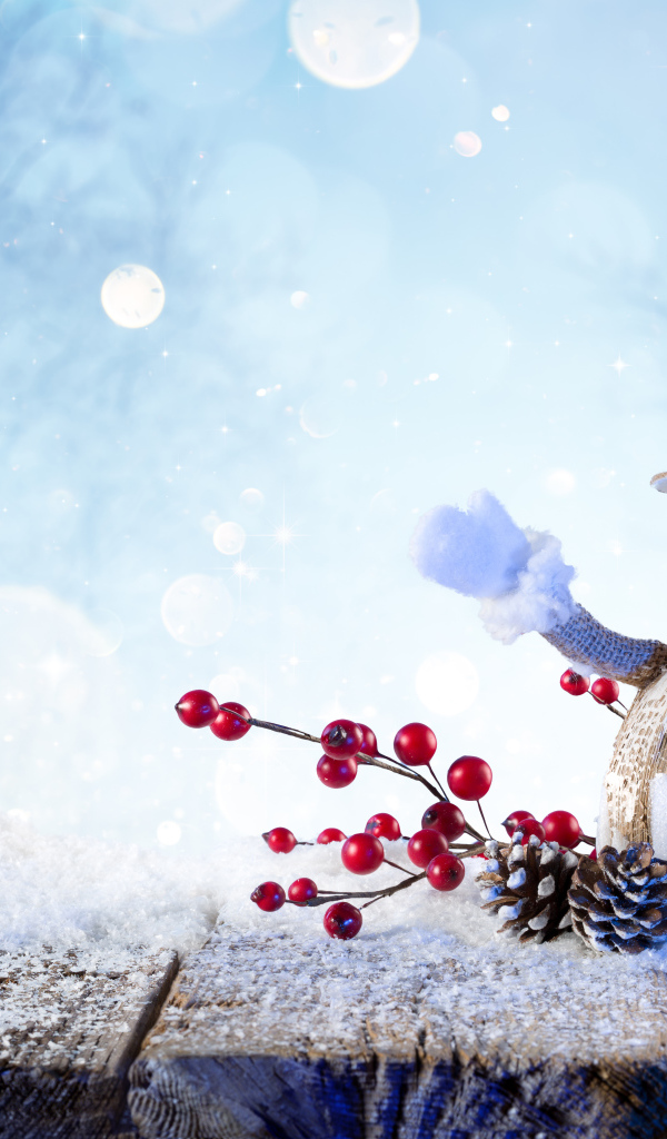 Снеговик на деревянном полу, фон для открытки на Новый год 