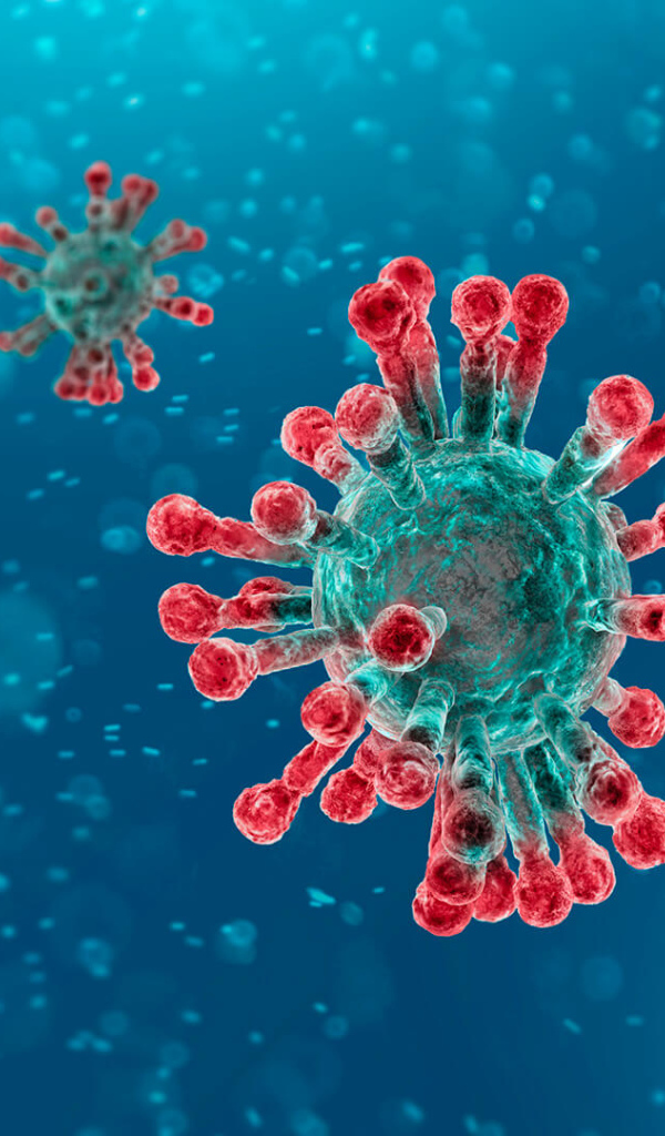 Scary bacteria coronavirus COVID-19 on a blue background