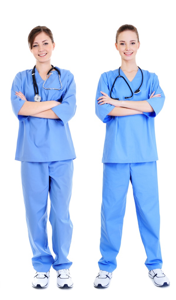 Team of doctors in uniform on white background