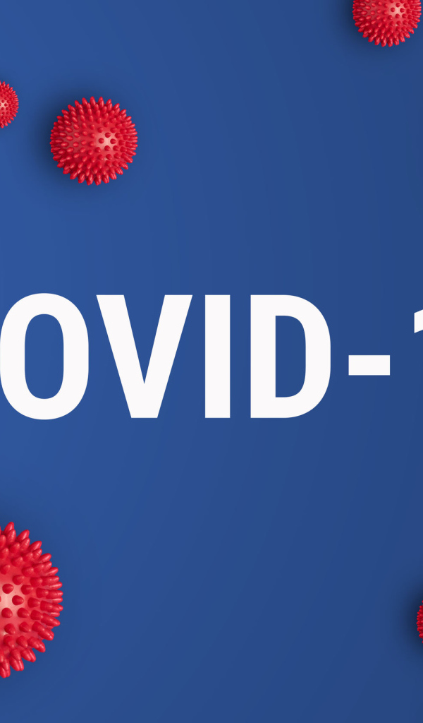 Белая надпись covid-19 и бактерии коронавируса на голубом фоне