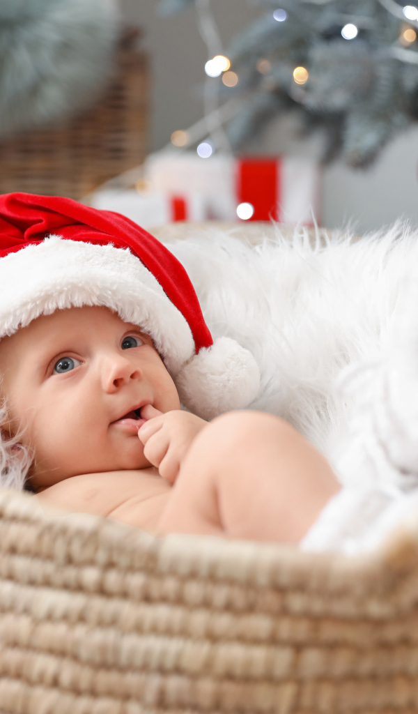 Милый малыш в шапке Санта Клауса лежит в корзине