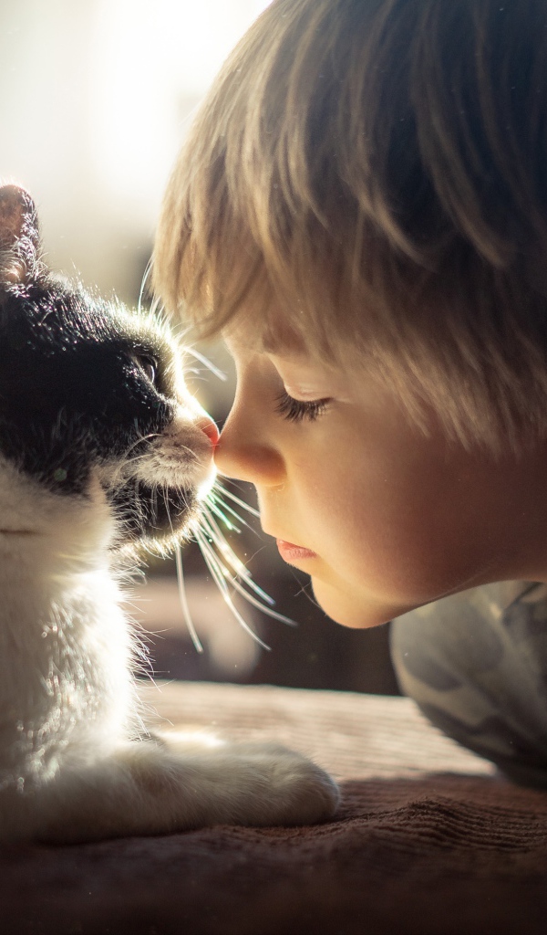 Маленький мальчик лежит с котом 