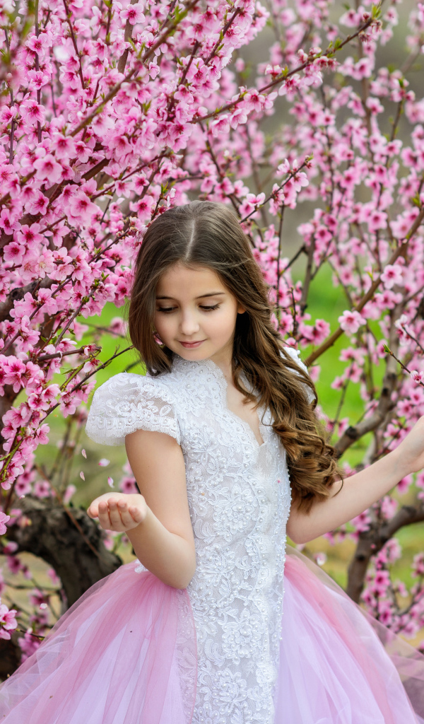 Маленькая девочка в красивом платье у дерева с розовыми цветами