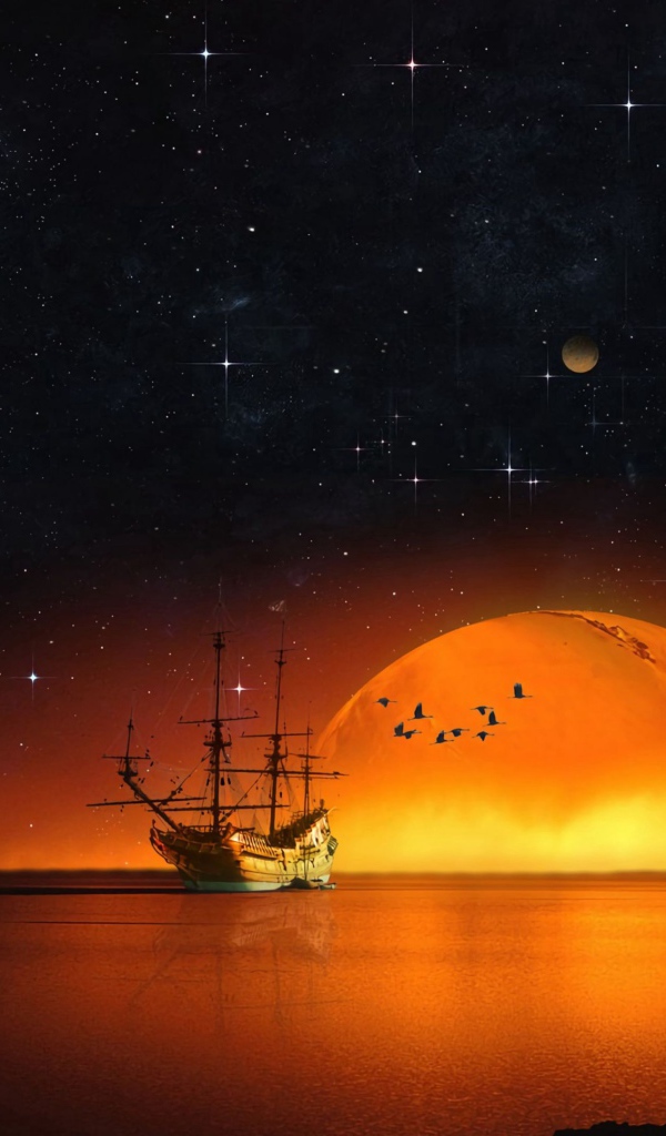 Старый корабль в море с большой оранжевой луной ночью 