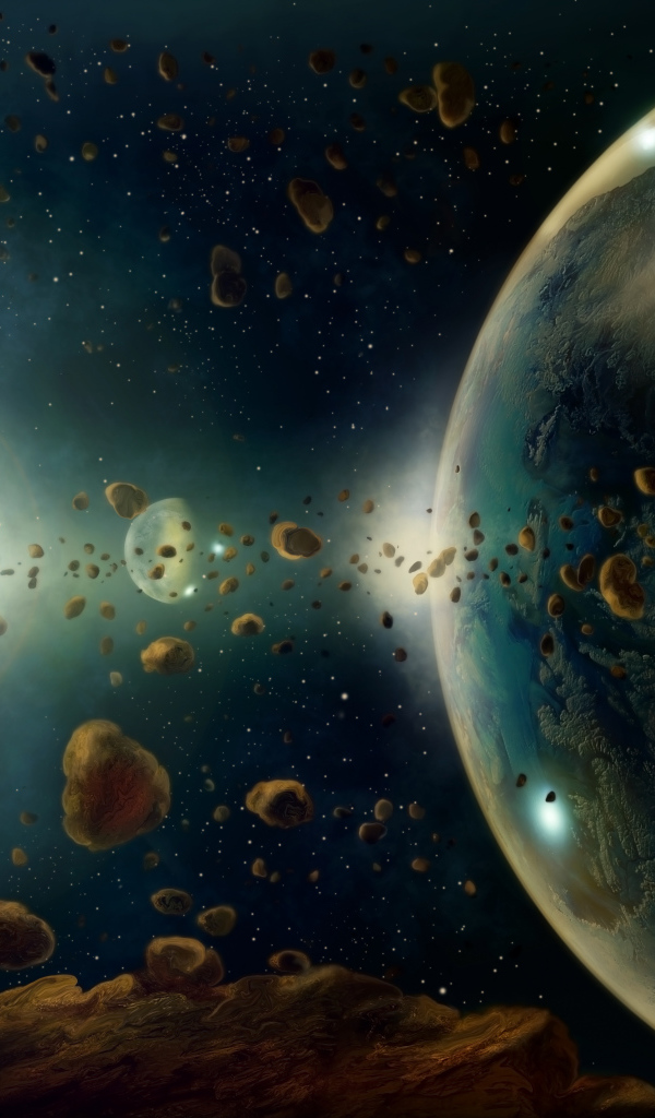 Asteroids in space fly to planet Earth