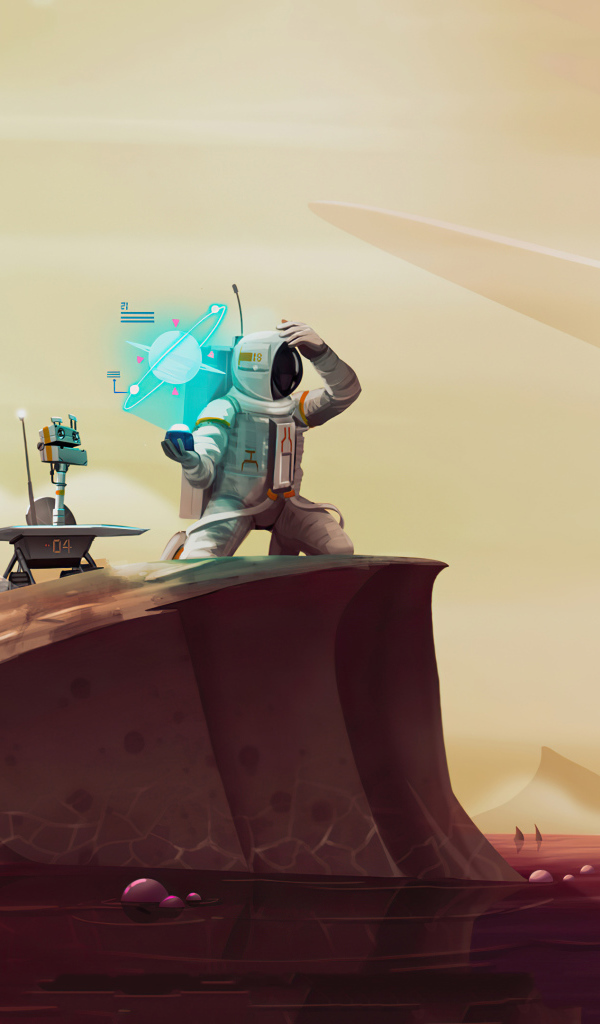 Астронавт с роботом на неизвестной планете в космосе 