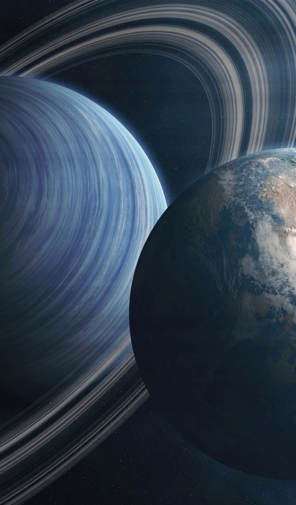 Большая планета Сатурн и планета Земля в космосе 