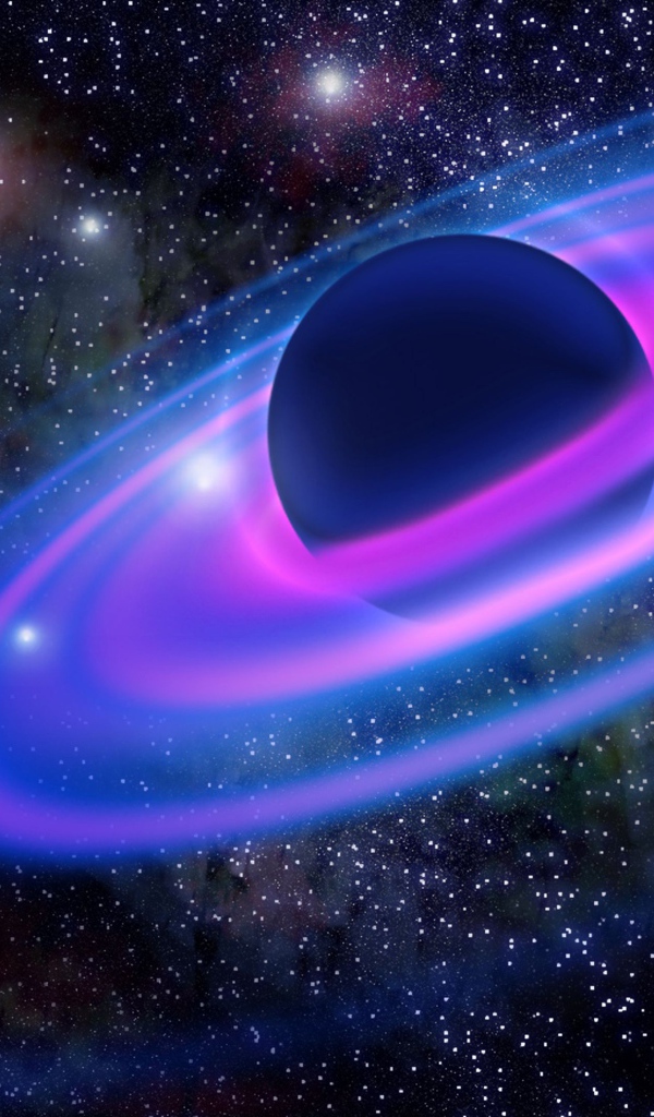 Большая планета с неоновыми кольцами в звездном небе 