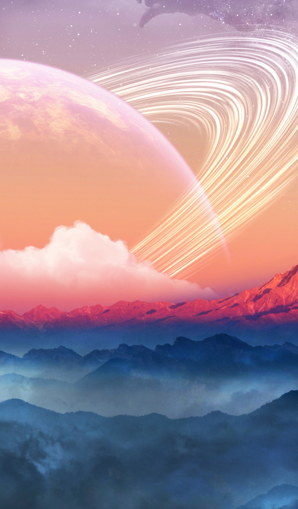 Фантастическое небо с планетами над заснеженными горами