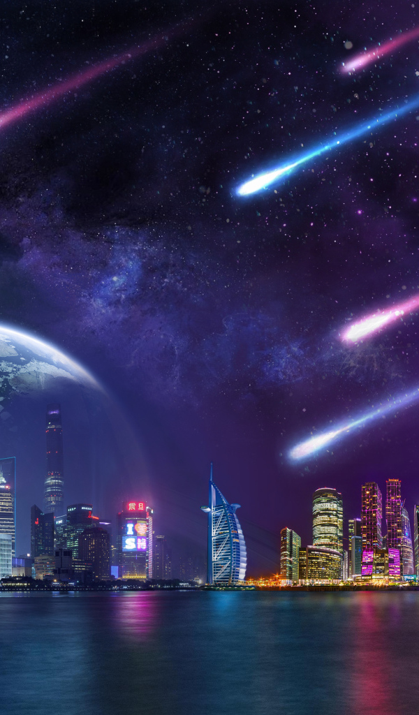 Метеориты в небе с планетами надают на мегаполис ночью