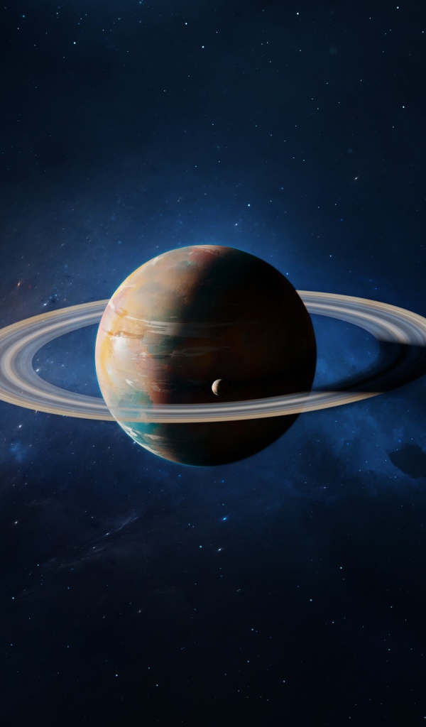 Большая планета Сатурн в голубом космосе 