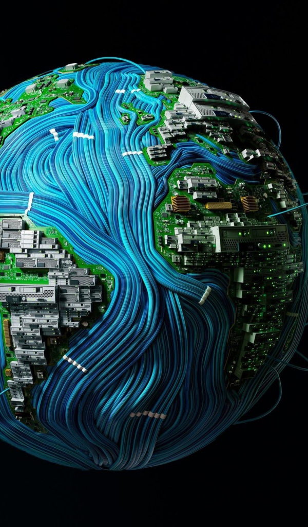 Планета земля окутана проводами на черном фоне